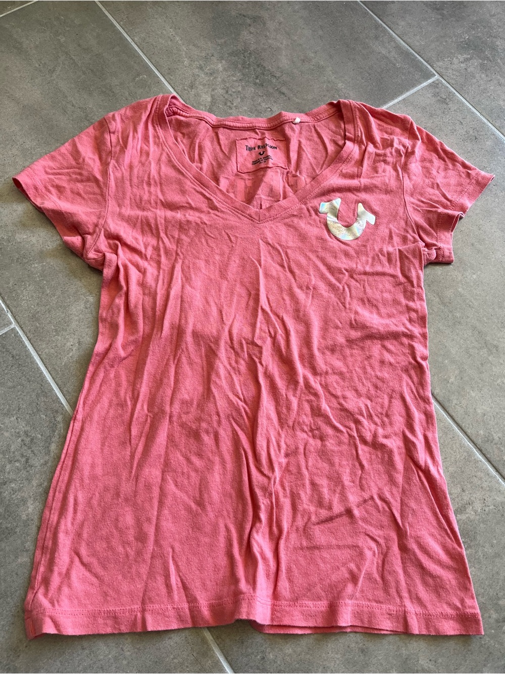 True Religion Coral Pink V‑Neck Tee with Chrome Accents Good Condition